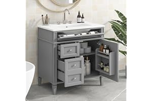 Virubi 30" Bathroom Vanity with Ceramic Sink, Modern Freestanding Storage Cabinet with 1 Door, 2 Drawers & Tip-Out Drawer, Solid Wood Frame