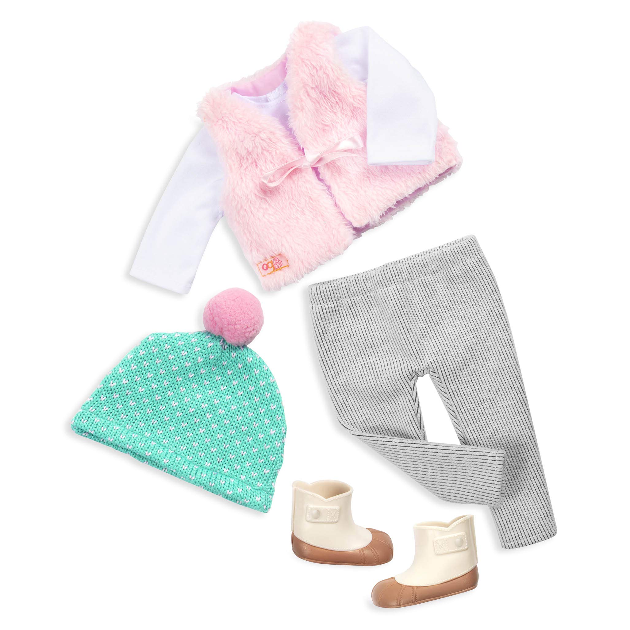 Our Generation - Fuzzy Feelings - Outdoor Outfit - Winter Hat - Faux-Fur Vest - 18-Inch Doll Clothes - Toy for Kids 3 Years +