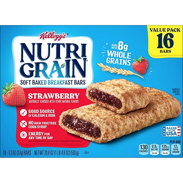 NUTRI-GRAIN BREAKFAST BARS, MADE WITH 10G WHOLE GRAINS, SNACK BARS, STRAWBERRY, 20.8OZ BOX (16 BARS)