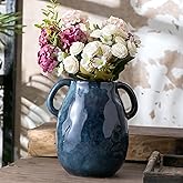 Sowlvenco Blue Ceramic Vase with 2 Handles for Modern Farmhouse Home Decor, Vintage Rustic Decorative Vases, Small Vase for Fresh and Dried Flowers, Centerpiece Table Decorations, 7 Inch