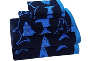 ORIGINAL KIDS 6 Piece Towel Set - Bath Time Shark Attack- 2 Bath Towels, 2 Hand Towels, 2 Washcloths - 100% Cotton Jacquard Soft Absorbent Quick Dry Pool Beach Towel Gift - Navy Blue