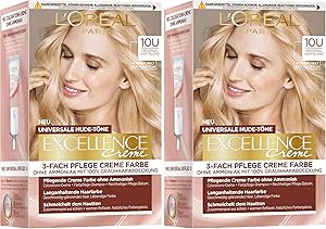 L'Oréal Paris Permanente Haarfarbe für jeden Hautton, Coloration ohne Ammoniak, Universale Nude-Töne mit vollständiger Grauhaarabdeckung, Excellence Creme, Nr. 10U Lichtblond (Blond), 1 Stück