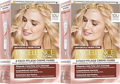 L'Oréal Paris Permanente Haarfarbe für jeden Hautton, Coloration ohne Ammoniak, Universale Nude-Töne mit vollständiger Grauhaarabdeckung, Excellence Creme, Nr. 10U Lichtblond (Blond), 1 Stück