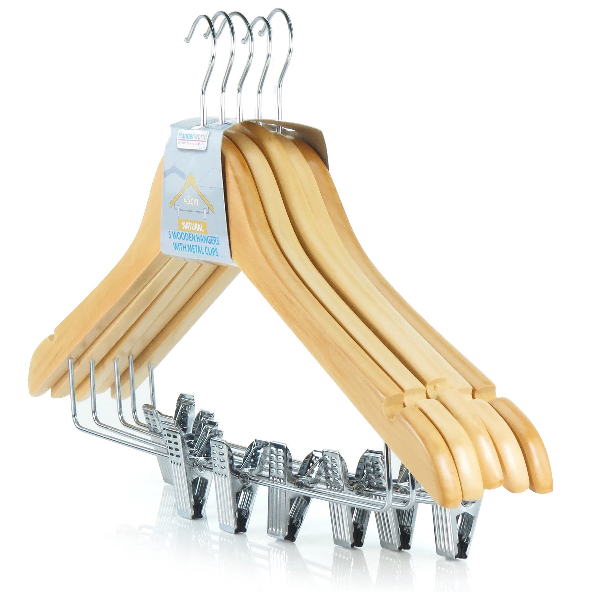 Hangerworld 5 Natural Wooden 45cm Wooden Clothes Coat Garment Hangers with Trouser Skirt Clips