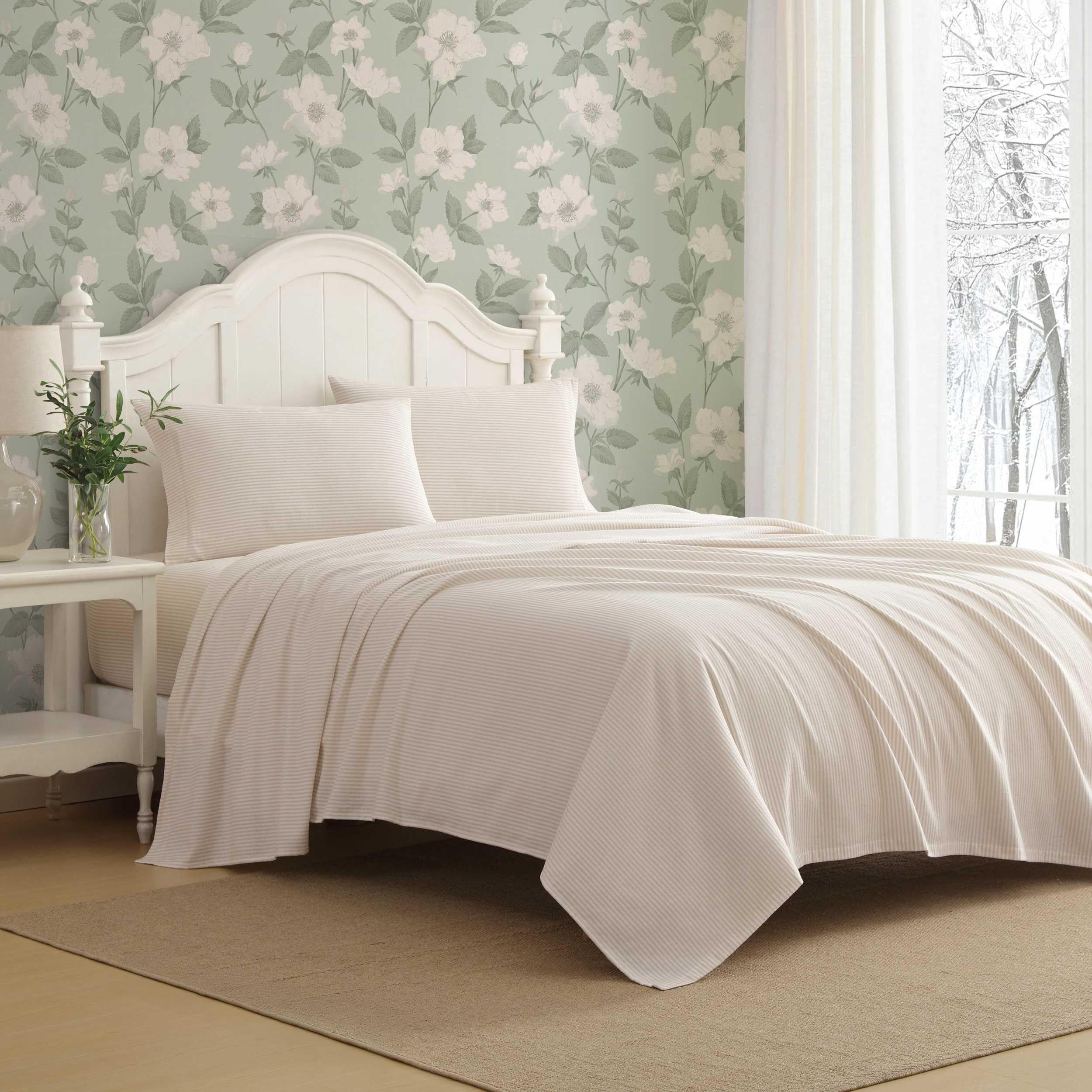 Photo 1 of Laura Ashley - Flannel Sheets Queen Size, Anti-Pilling & Wrinkle Resistant Cotton, Soft for All-Season Comfort - Bed Sheets with Matching Pillowcases & Fitted Sheet (Oxfordshire Stripe Beige)
