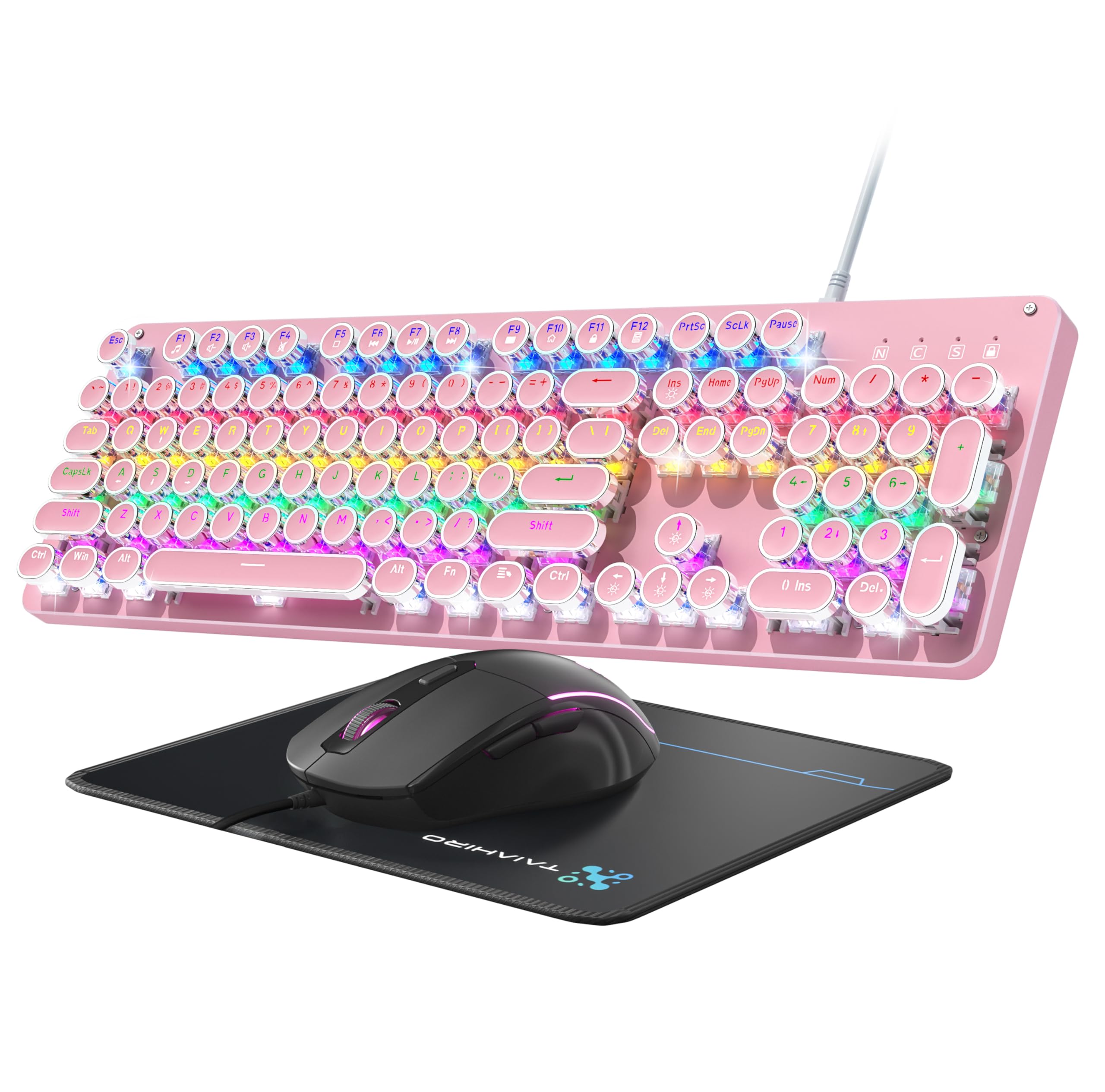 Typewriter Mechanical Gaming Keyboard and Mouse, Metal Panel Retro Keyboards with Round Keycap Blue Switch, Rainbow LED Backlit 104-Key Anti-Ghost Wired Mouse and Pad Combo for PC Laptop Mac Gamer