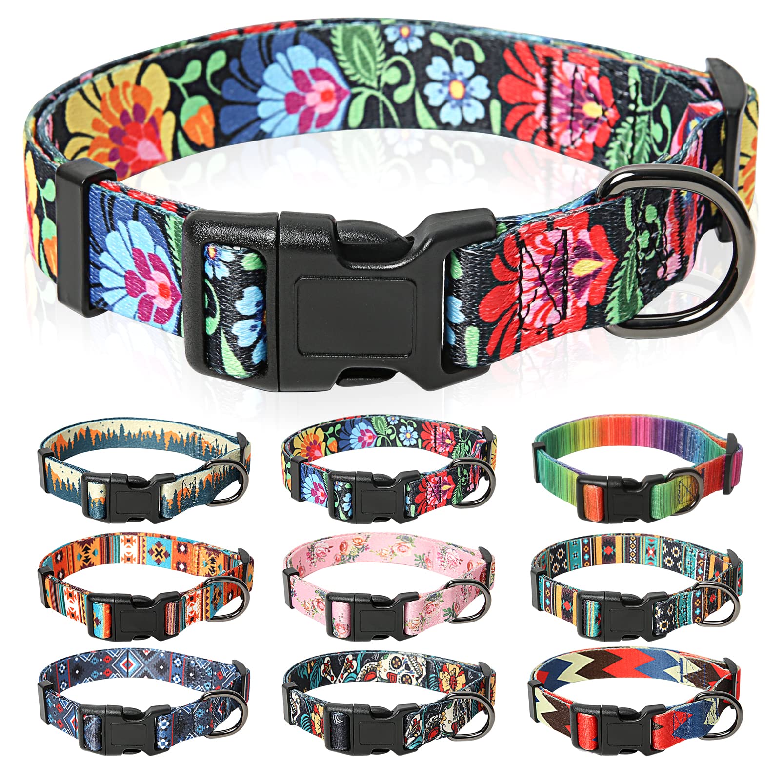 HEELE Dog Collar Large Multi-Colour Patterned Soft Comfy Dog Pet Collars Easy Adjustable Collar for Medium Large Dogs Indoor Outdoor Activities, Wildflowers, L — image 1
