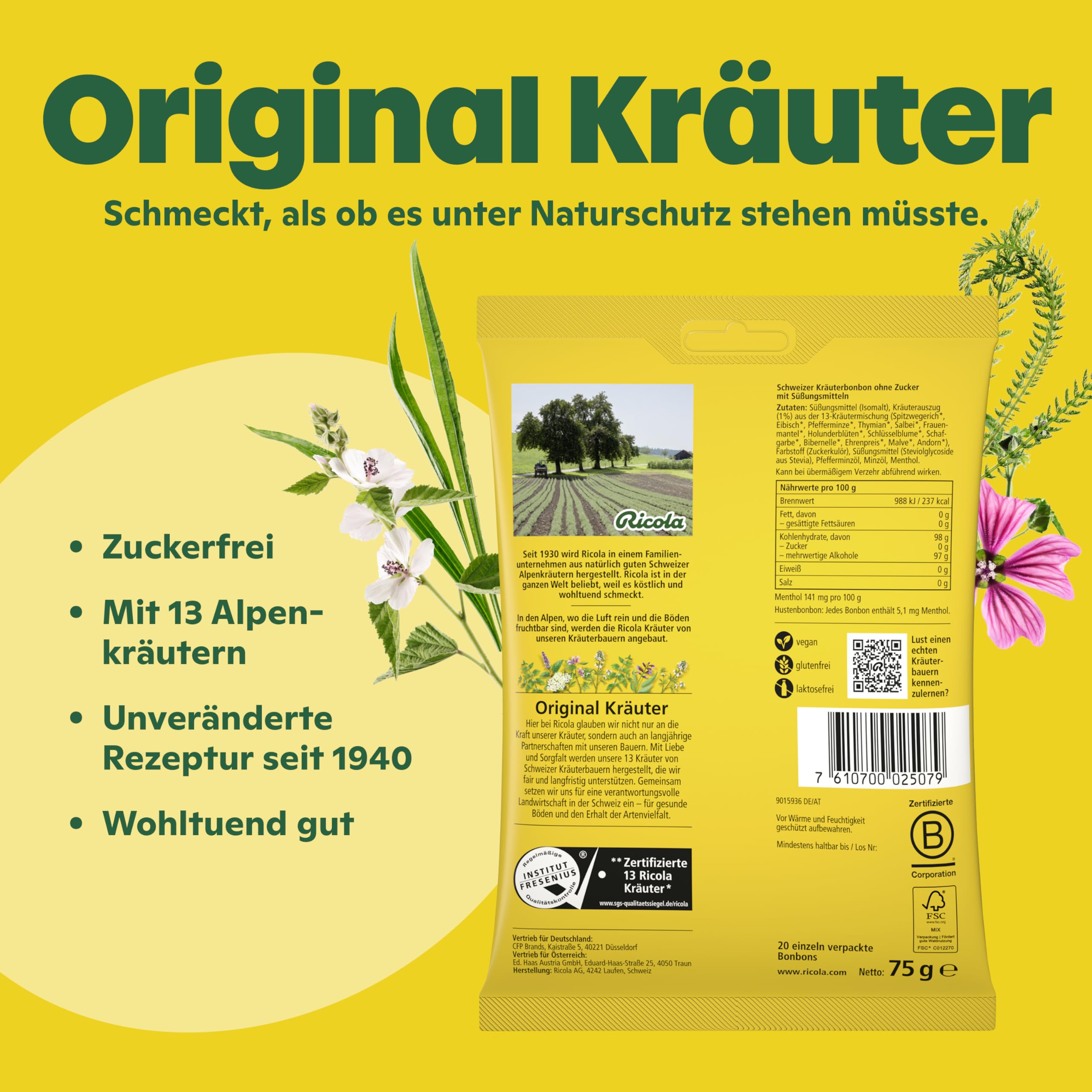 Ricola Original Kräuter, 75g Beutel Original Schweizer Kräuter-Bonbons mit 13 Schweizer Alpenkräutern, zuckerfrei, 1 x 75g, vegan 2