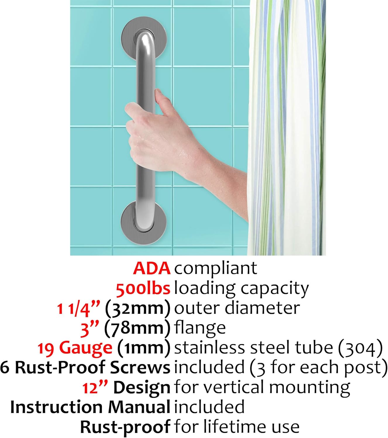 AmeriLuck Stainless Steel Bath Grab Bar, ADA 500lbs Loading Capacity, Brushed Nickel, 12in | 2 Pack: Health & Personal Care