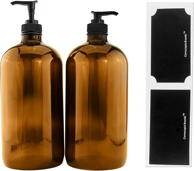 32Ounce Amber Glass Lotion Pump Bottles (2Pack); Quart Size Brown Bottles w/Black
