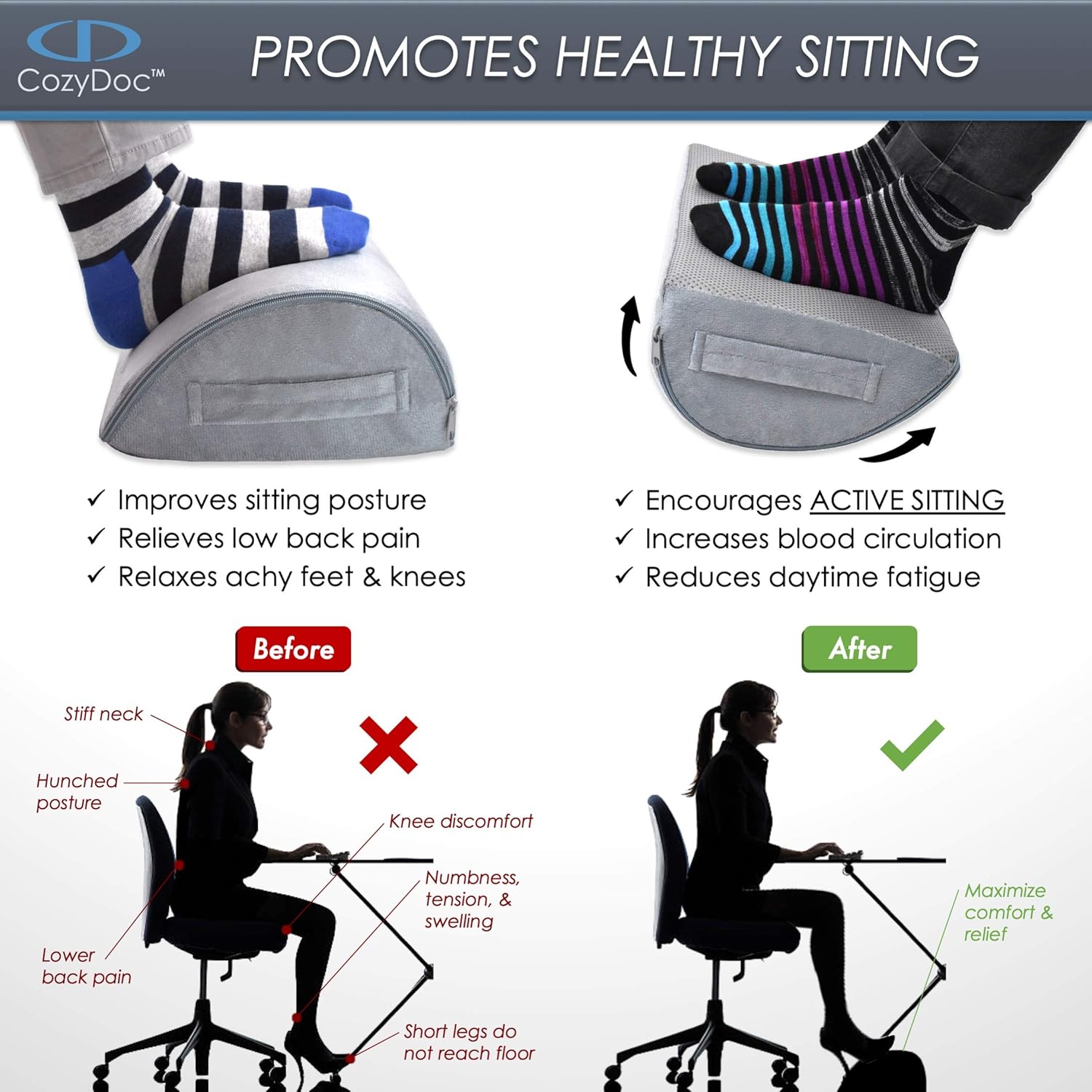 CozyDoc Ergonomic Foot Rest Cushion Under Desk + Massage Ball | The Most Comfortable Footrest for Home, Office, Travel | Doctor Designed Orthopedic Foam for Feet, Knee, Back Pain Relief【Gray】 : Office Products