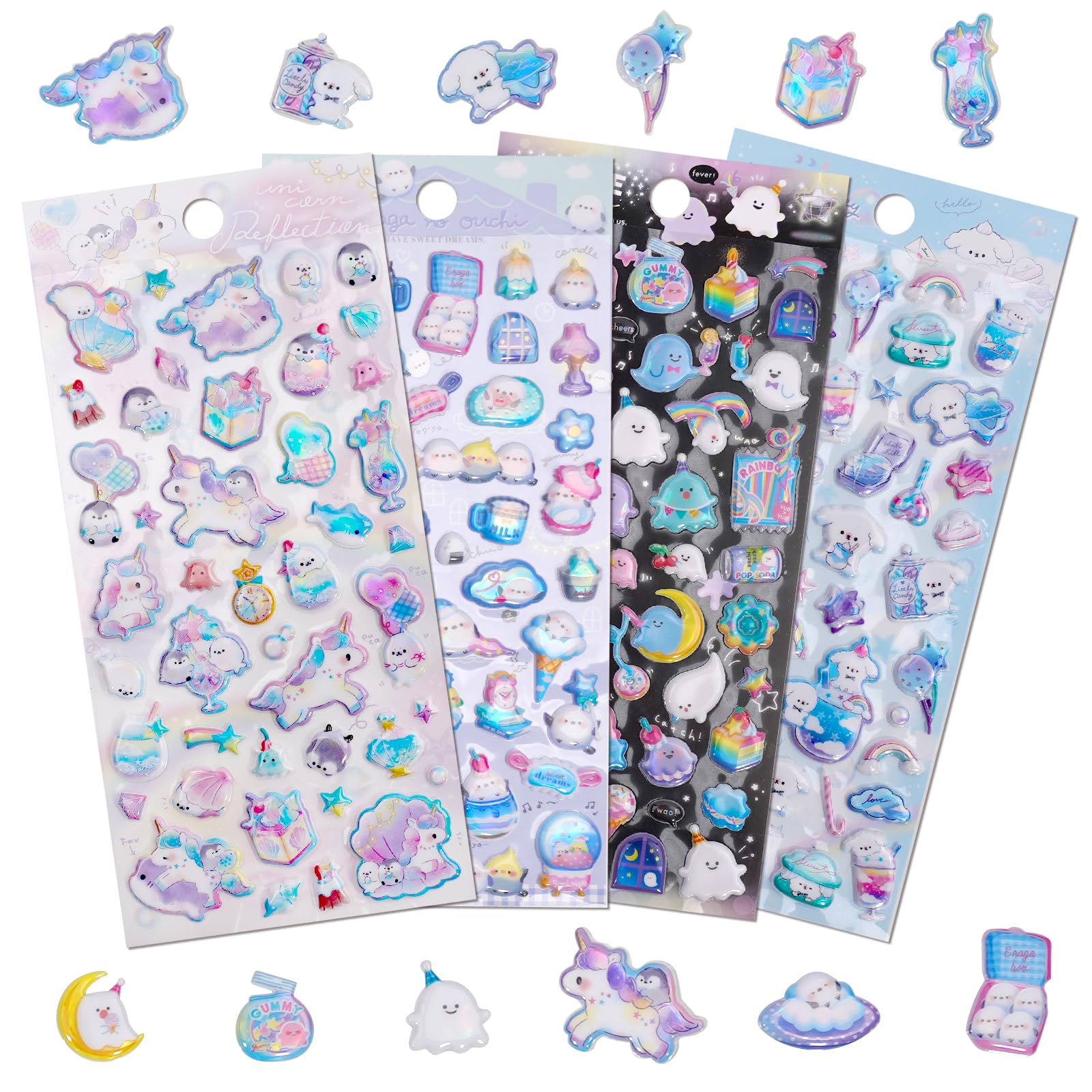 SHANGRLA Cute Small Puffy Stickers for Kids Girls 3D Holographic Sparkle Puff Stickers for Adults with Adorable Unicorns and Iridescent Mini Cartoon Designs,4 Sheets