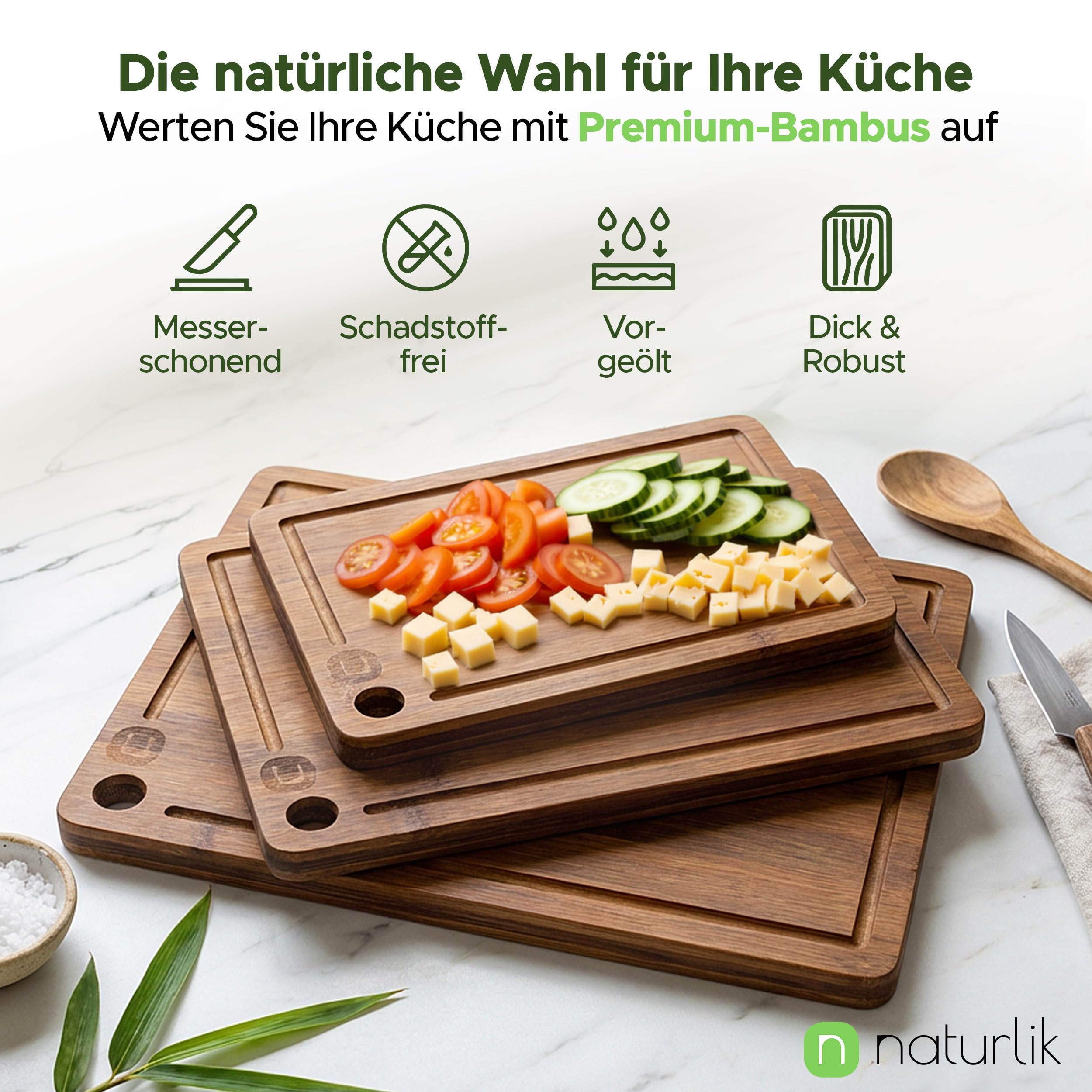 naturlik Schneidebrett Set 3er Karbonisiert - Bambus Schneidebrett Dunkel mit Saftrille - Nachhaltiges Küchenbrett Holz für Fleisch, Gemüse, Käse & Brot - Servierbrett Messerschonend Vorgeölt 7