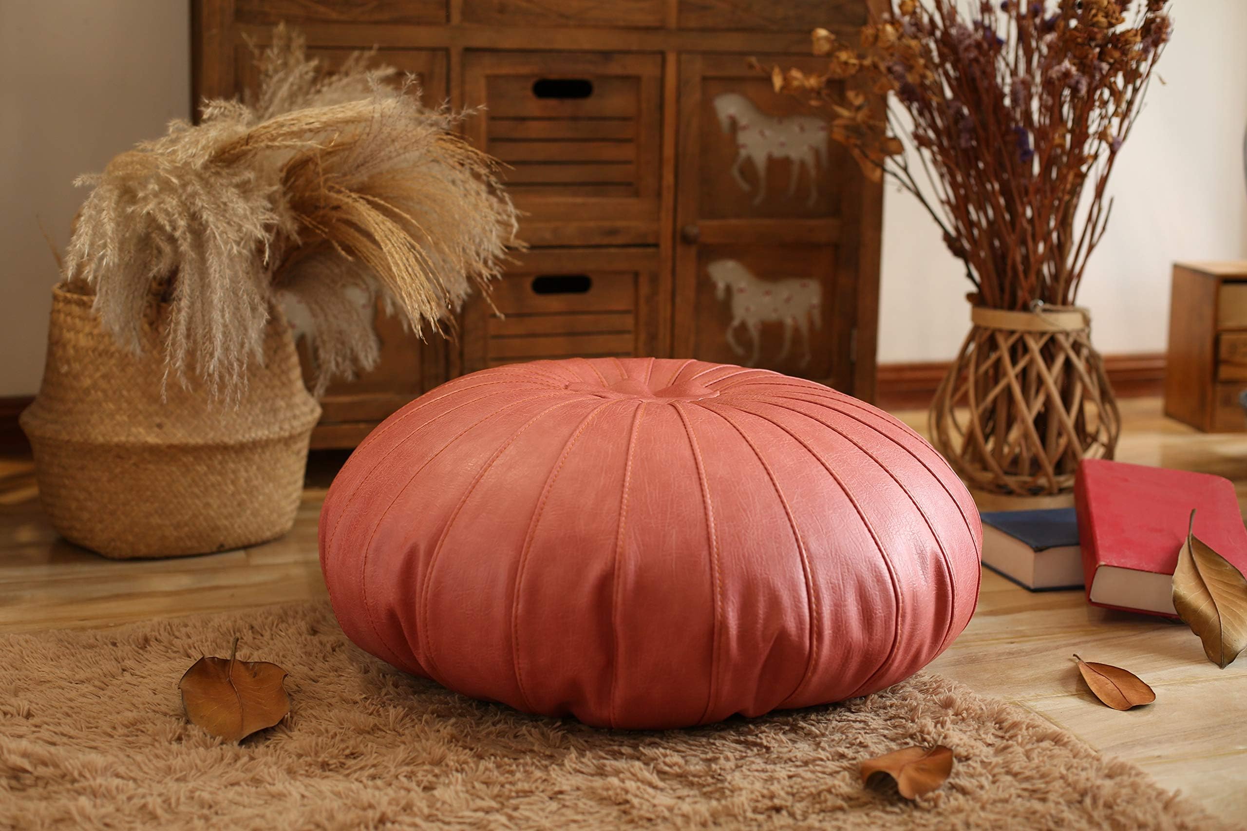 RISEON Boho Handmade Faux Leather Moroccan Pouf Footstool Ottoman Leather Poufs Unstuffed 25.6" x 9.84" -Round Floor Cushion Footstool for Living Room, Bedroom and Under Desk (Pink)