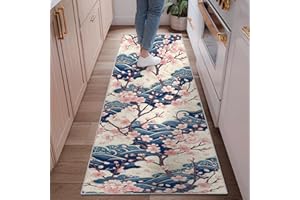 Cherries Blossom Runner Rug, Japanese Traditional Waves Branches Spring Navy Blue Low Pile Aesthetic Rectangle Home Floor Car