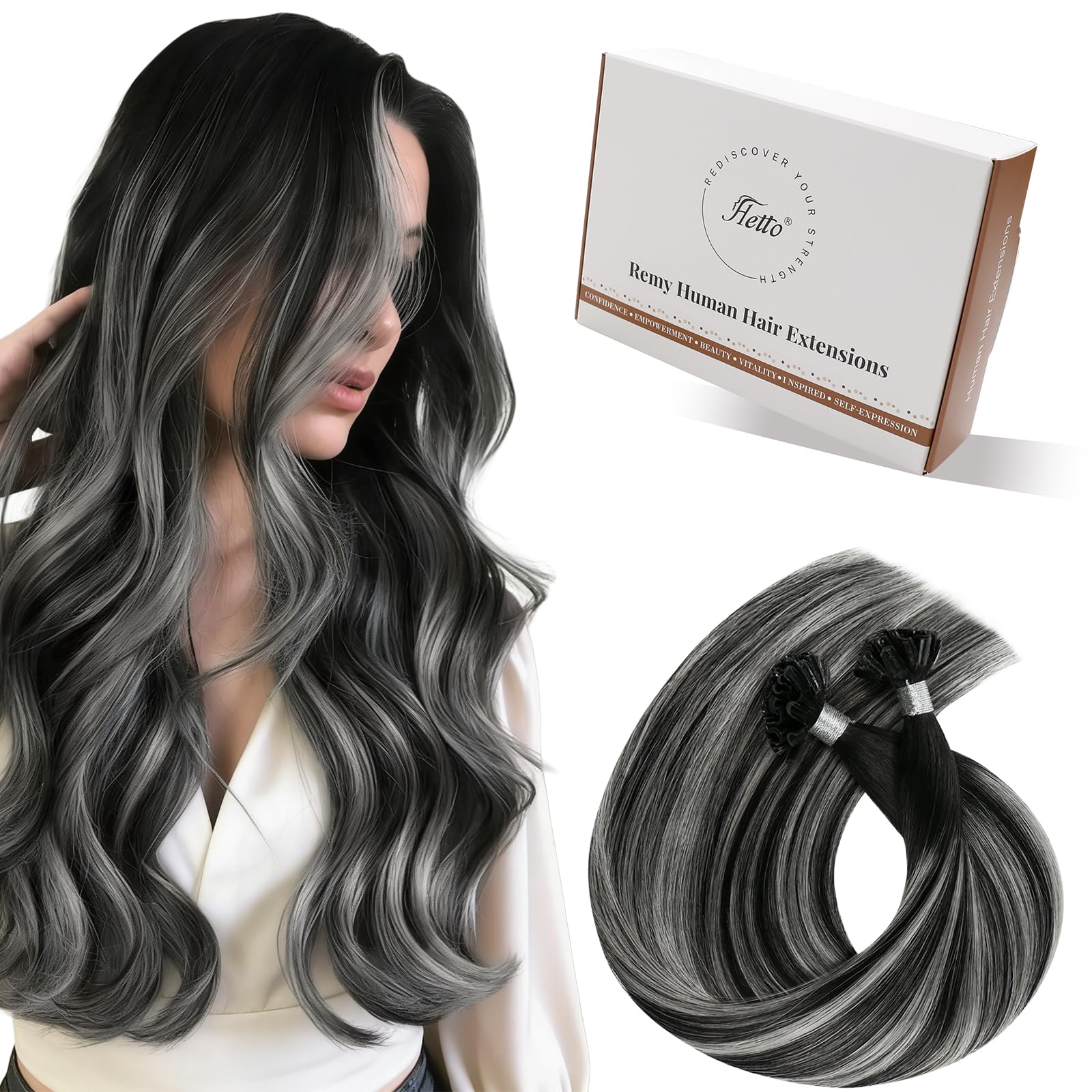 Hetto K Tip Hair Extensions Real Human Hair Straight Black Ombre Silver #1B/Silver/1B 50g 50strands 14 Inch - U Tip Keratin Prebonded Hair Hot Fusion — image 1