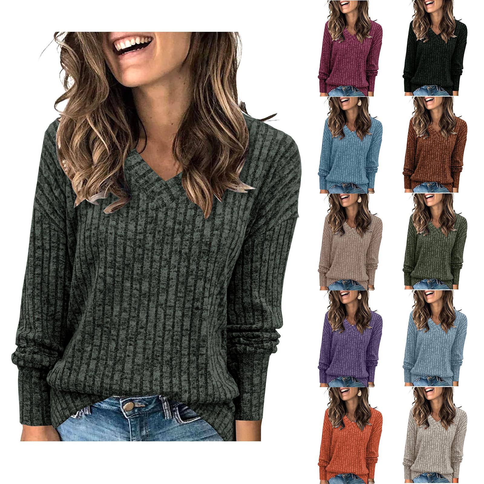 Sweaters for Women Fall V Neck Sweater Long Sleeve Pullover Sweaters Lightweight Trendy Shirt Casual Knit Tops