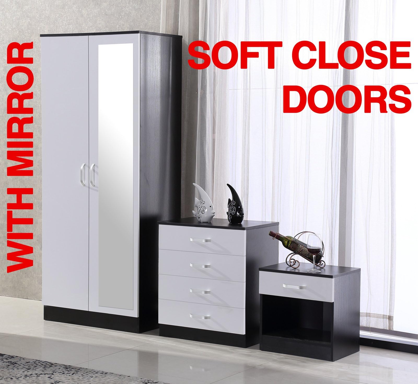 Fairpak Gladini High Gloss Mirrored 3 Piece Bedroom Furniture Set - Includes Wardrobe, 4 Drawer Chest, Bedside Cabinet (White/Black)