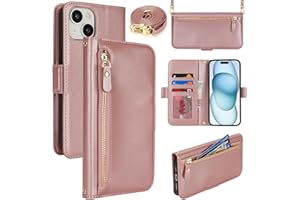 Lipvina for iPhone 15 Wallet Case for Women,Zipper Pocket,PU Leather Phone Case Stand flip Cover Crossbody Lanyard Strap Zipper Credit Card Holder Slots for Apple 15,Rose Gold