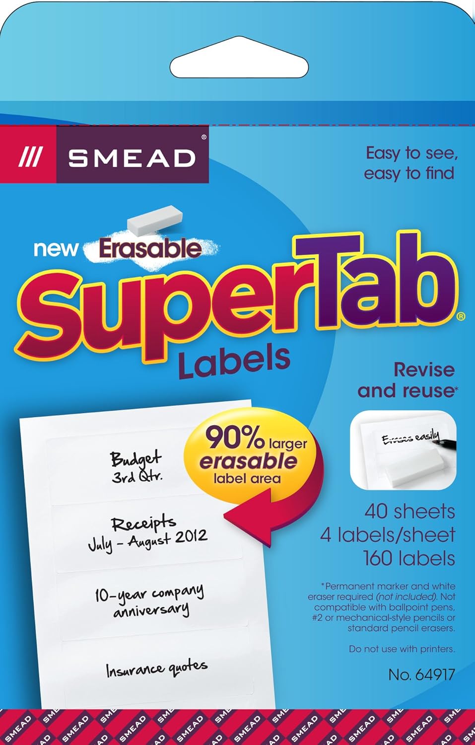 Smead Erasable SuperTab File Folder Labels, White, 160 Labels per Pack (64917) : Manila Labels : Office Products