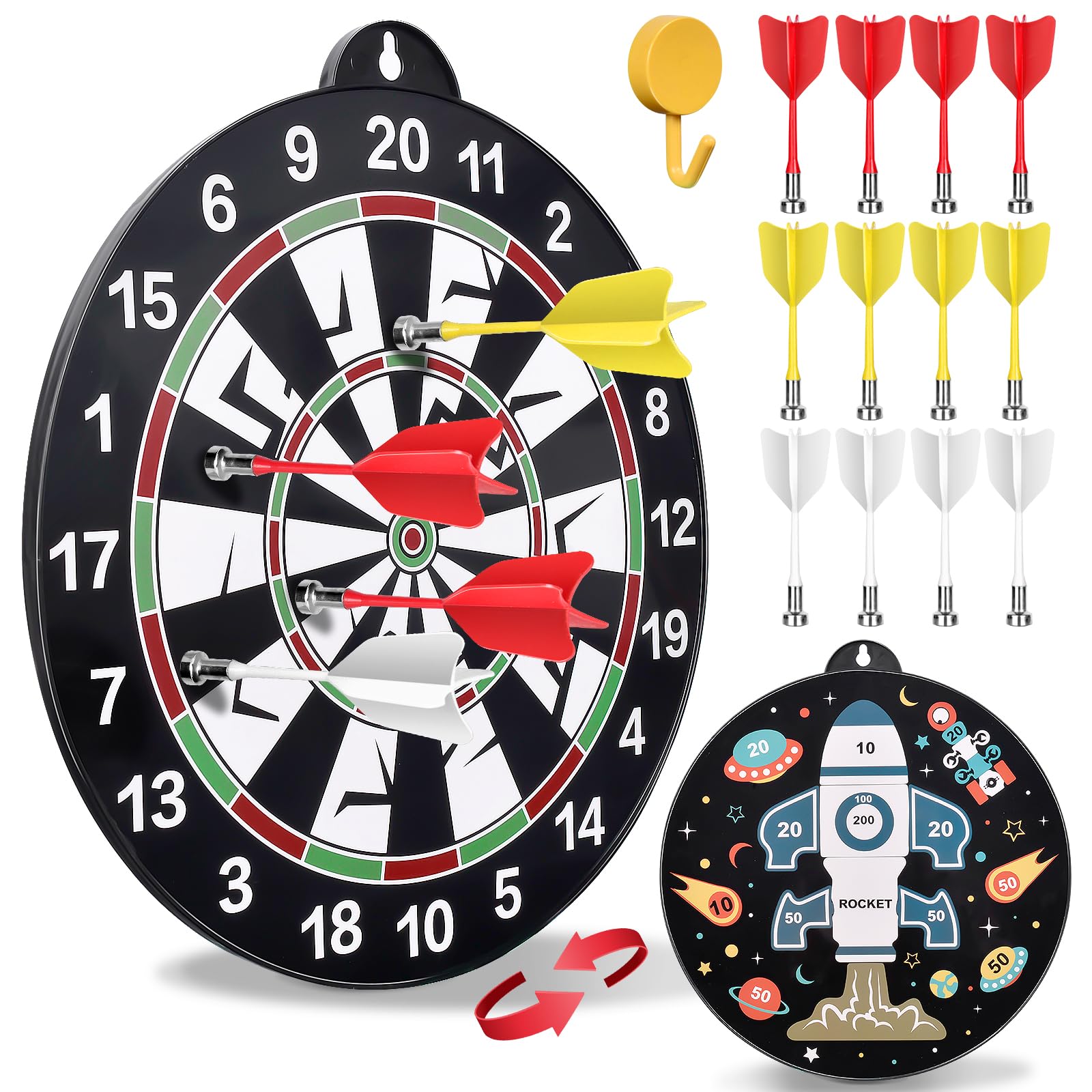 flintronic Double-Sided Magnetic Kids Dart Board Set, Large Size Boys Toys Dartboards with 12 Darts, Indoor Outdoor Party Games Toys Gifts for 3-12 Year Old Kids - Rocket