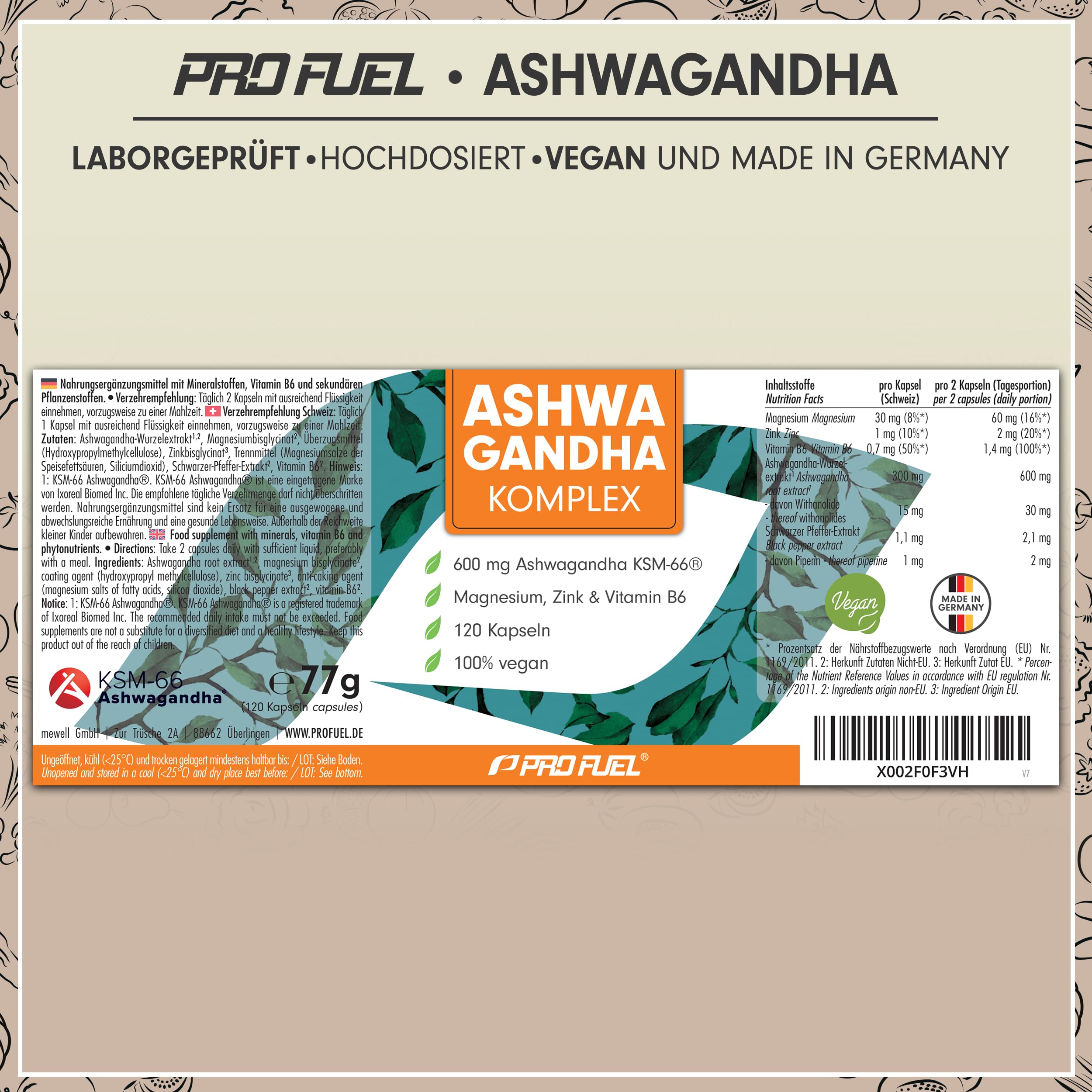 Ashwagandha Kapseln hochdosiert 120x - 600 mg Ashwagandha KSM-66® pro Tag - Komplex mit Ashwagandha-Wurzelextrakt, Magnesium, Zink, Vitamin B6 und Piperin - laborgeprüft mit Zertifikat - 100% vegan 6