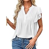 Remidoo Women's Ruffle Sleeve Blouse Pleated Front Henley V Neck Dressy Casual Shirt
