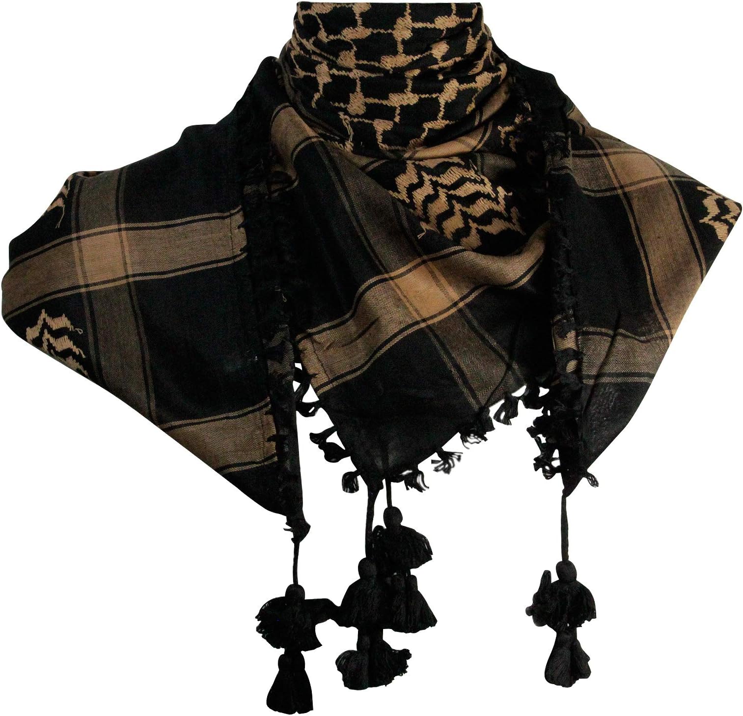 Black and Tan Shemagh Tactical Desert Scarf Keffiyeh with Tassles