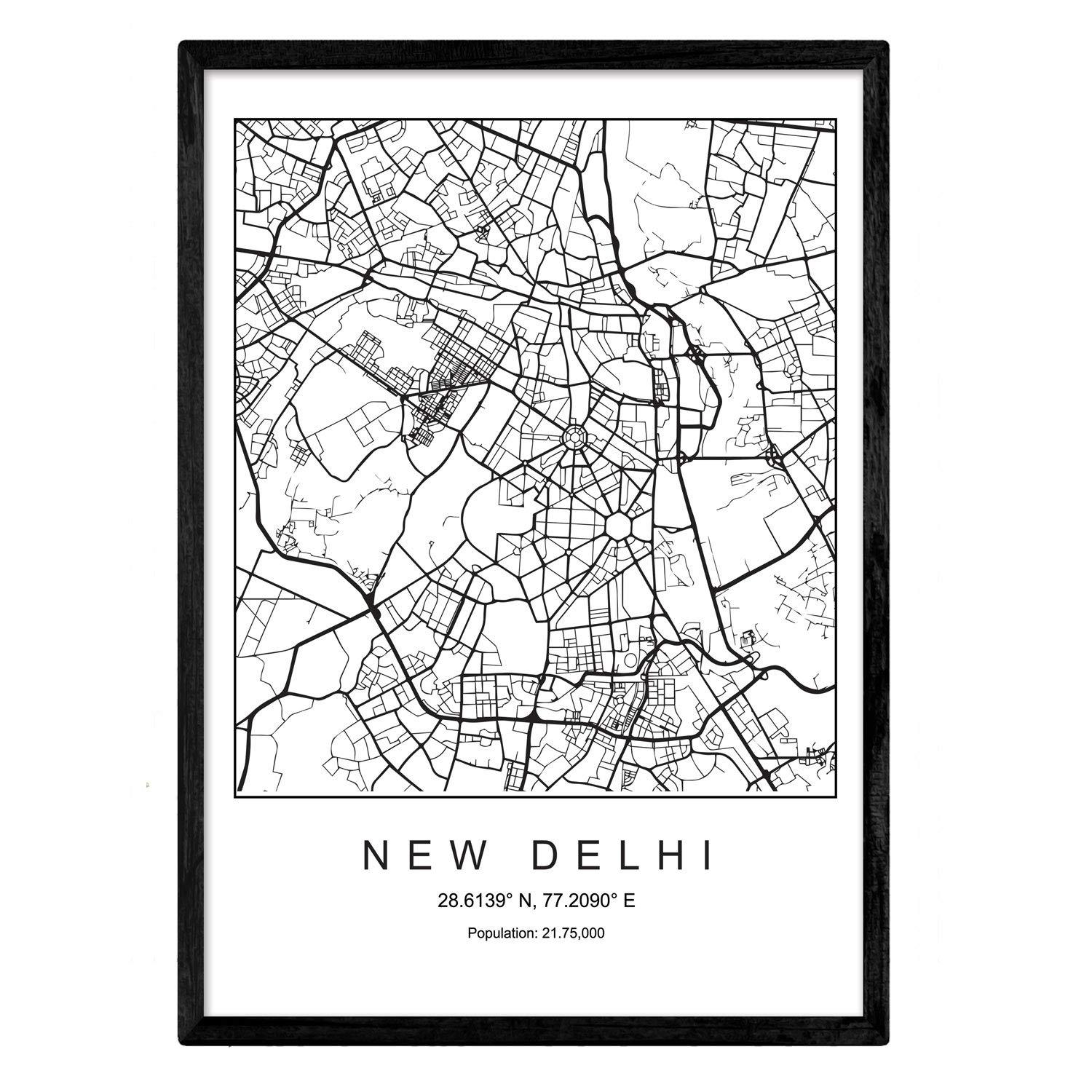 Nacnic Print city map New delhi Scandinavian style in black and white. A3 size poster Printed paper No 250 gr. Paintings, prints and posters for living room and bedroom