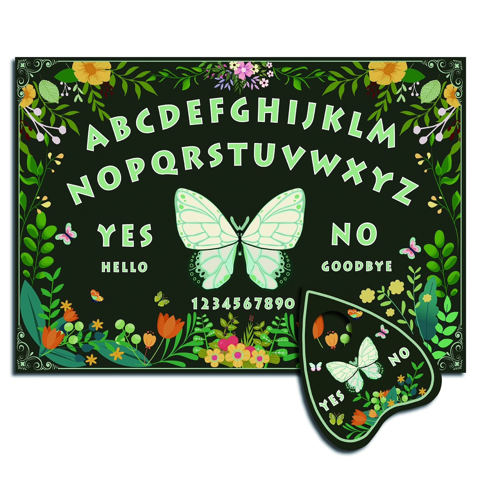 CREATCABIN Wood Spirit Board Pendulum Board Wooden Talking Boards with Planchette Divination Kit Game Spirit Hunt Metaphysical Message Decor for Wicca 11.8 x 8.3 Inch(Green)-Butterfly And Flower