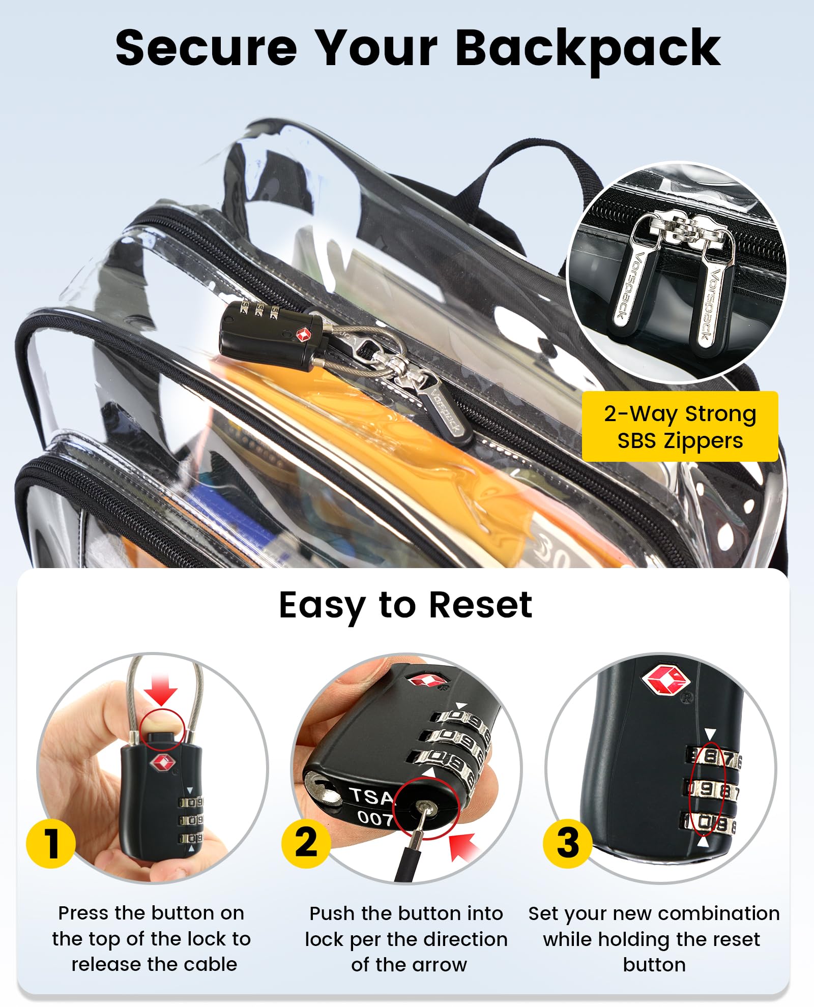 Vorspack Clear Backpack Heavy Duty - Extra Large Clear Backpacks with TSA Lock Transparent See Through Bookbag for School, Work, College, Travel - Black