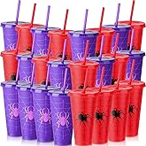 Qinyoung 24 Sets 24 oz Spider Cups Spider Birthday Party Supplies Reusable Red Purple Web Themed Plastic Cups with Lid and Straw Bulk for Birthday Halloween Party Decorations Favors Celebration Gifts