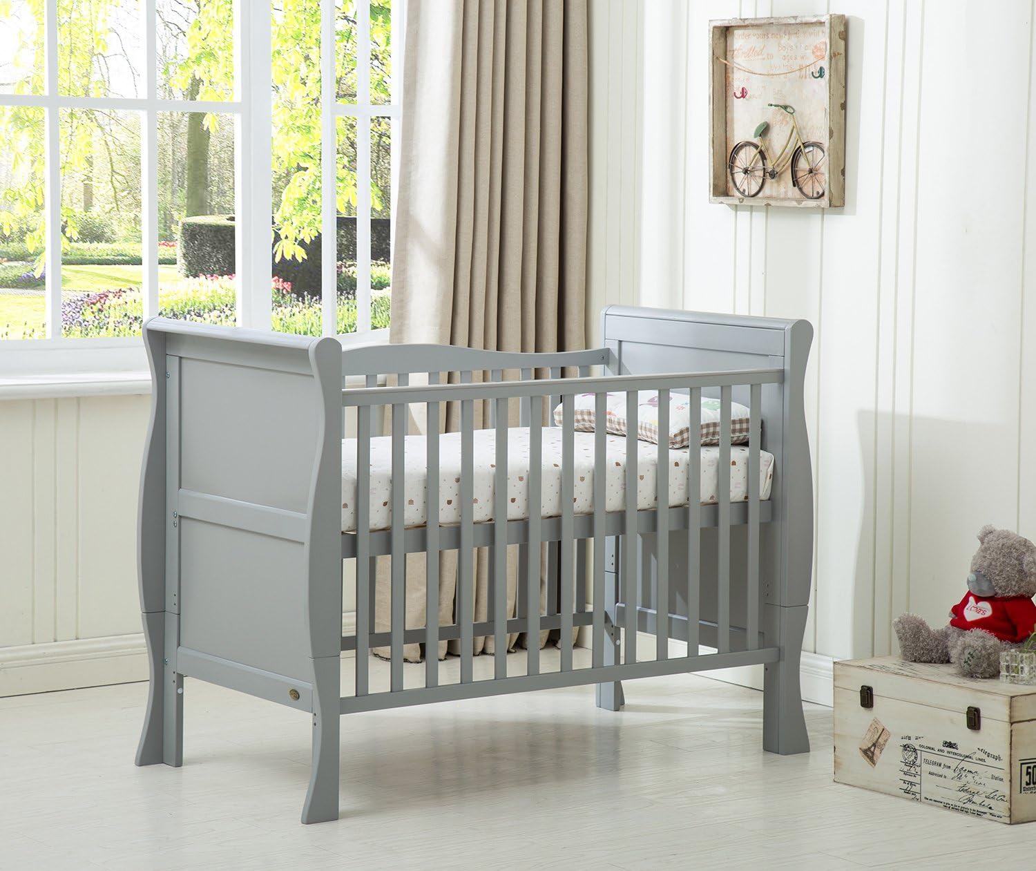MCC® Grey Solid Wooden Baby Cot Bed Savannah Sleigh Cotbed Toddler Bed