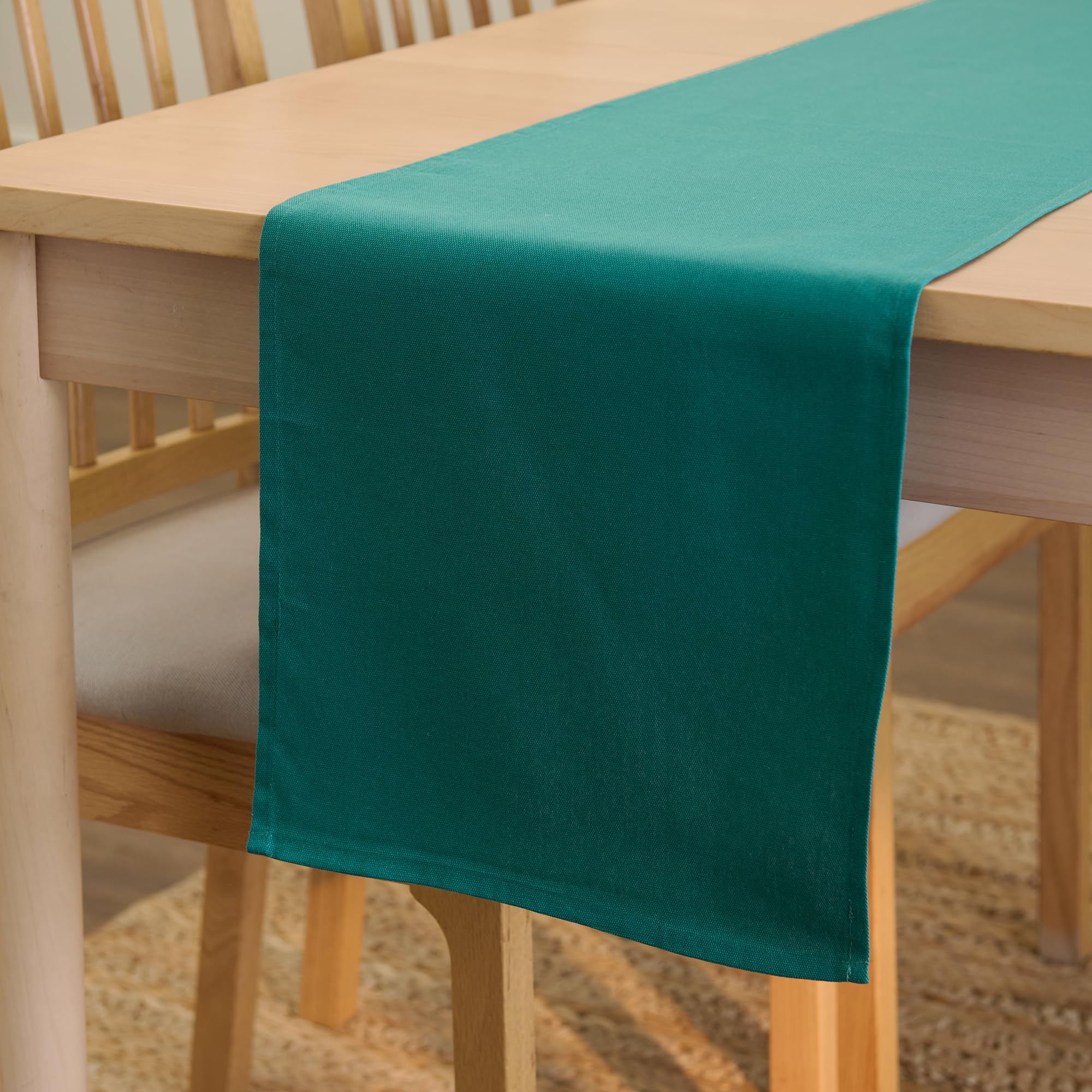 Encasa XO Table Runner 13x91 in Long | Cotton Canvas Fabric | Emerald Solid Color | Machine Washable & Durable