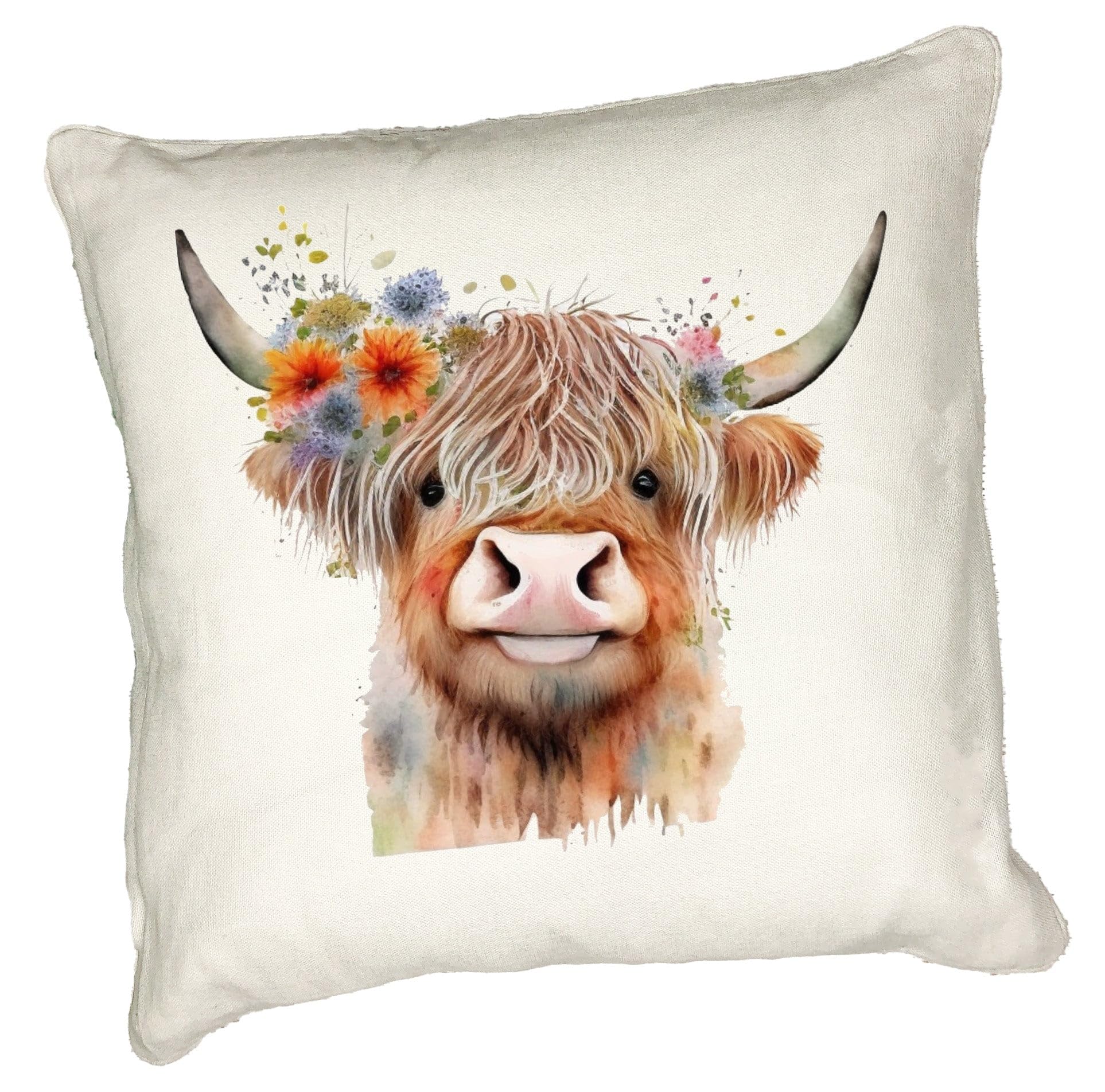 Anonymous Gifting Highland Cow Printed Cushion Cover - 40x40cm - Linen style - Cow 1