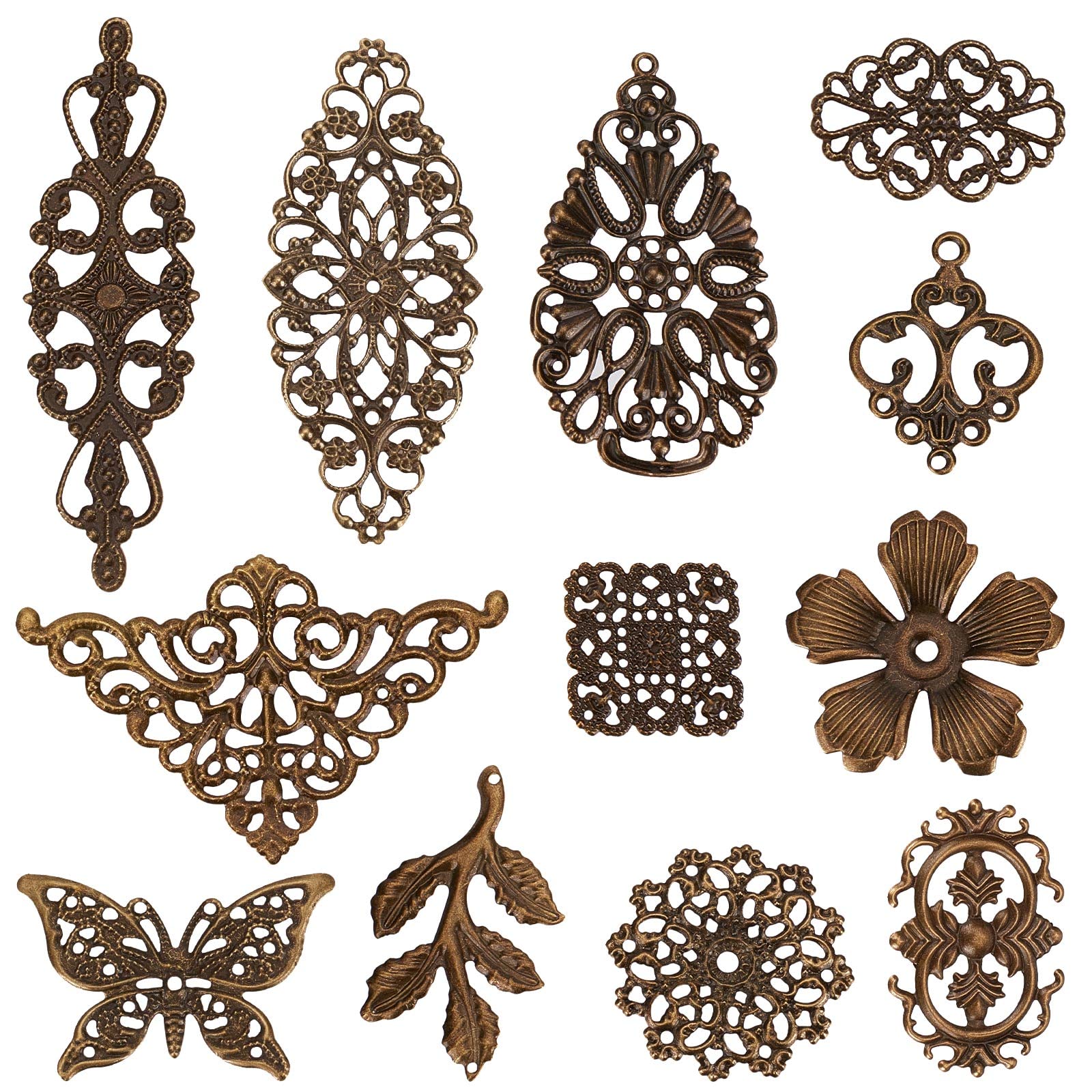 SUNNYCLUE 120Pcs 12 Styles Filigree Connector Charms Filigree Metal Charms Vintage Flower Leaf Tibetan Style Chandelier Component Links for jewellery Making Earrings Embellishment Art Hairpin Headwear