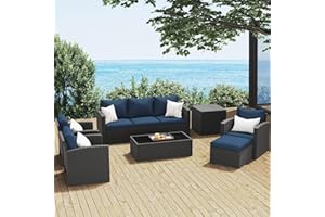 Green4ever 7 Pieces Patio Furniture Set, All Weather PE Wicker Rattan Outdoor Sectional Sofa with Coffee Table and Navy Blue Cushion, Outdoor Furniture for Lawn Backyard Poolside Porch Garden Outside