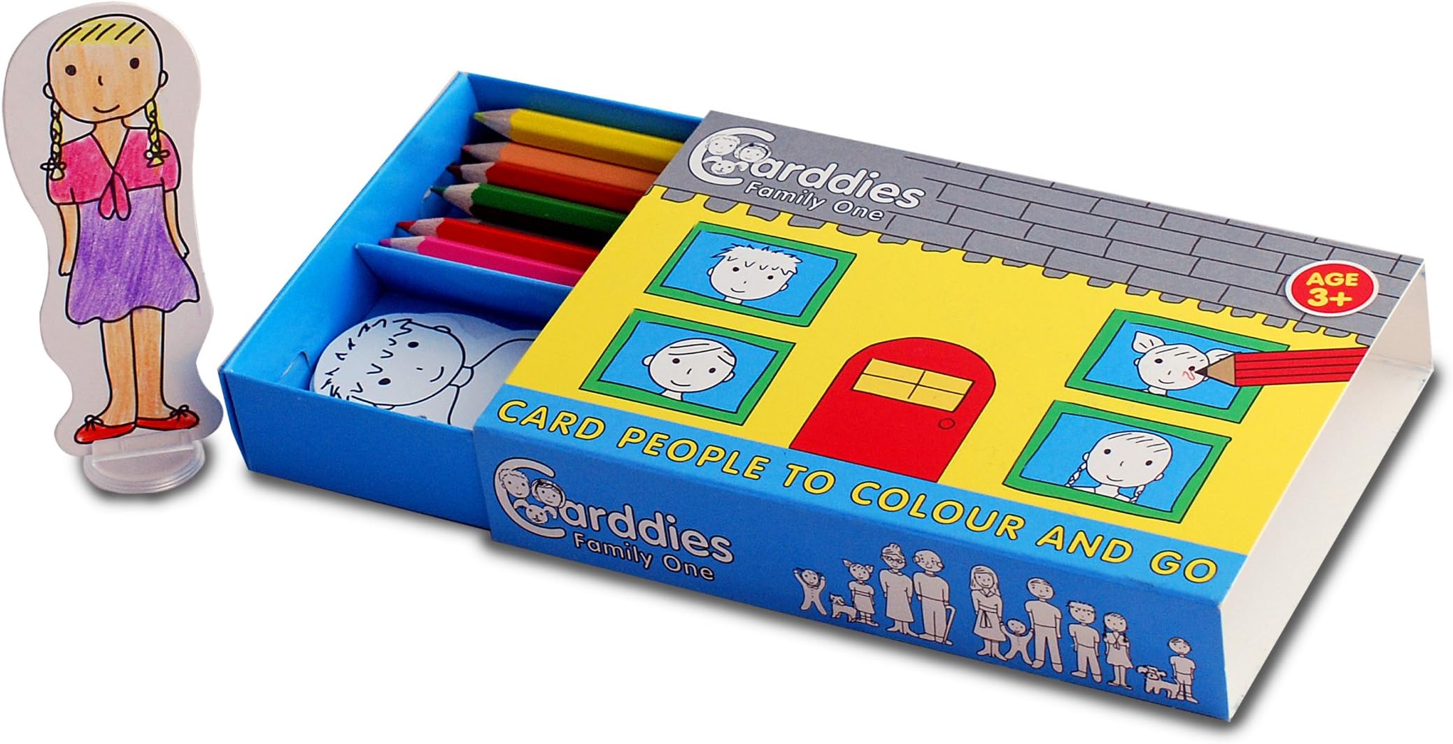 CARDDIESFAMILY ONE CARD PEOPLE Colour and Play Set- Portable Art Kit with Sturdy Card People and Playscene for Colouring-in Creativity, Imagination, Pretend Play and Story Telling -Premium Colouring Pencils and Plastic Stands; Perfect Travel Toy
