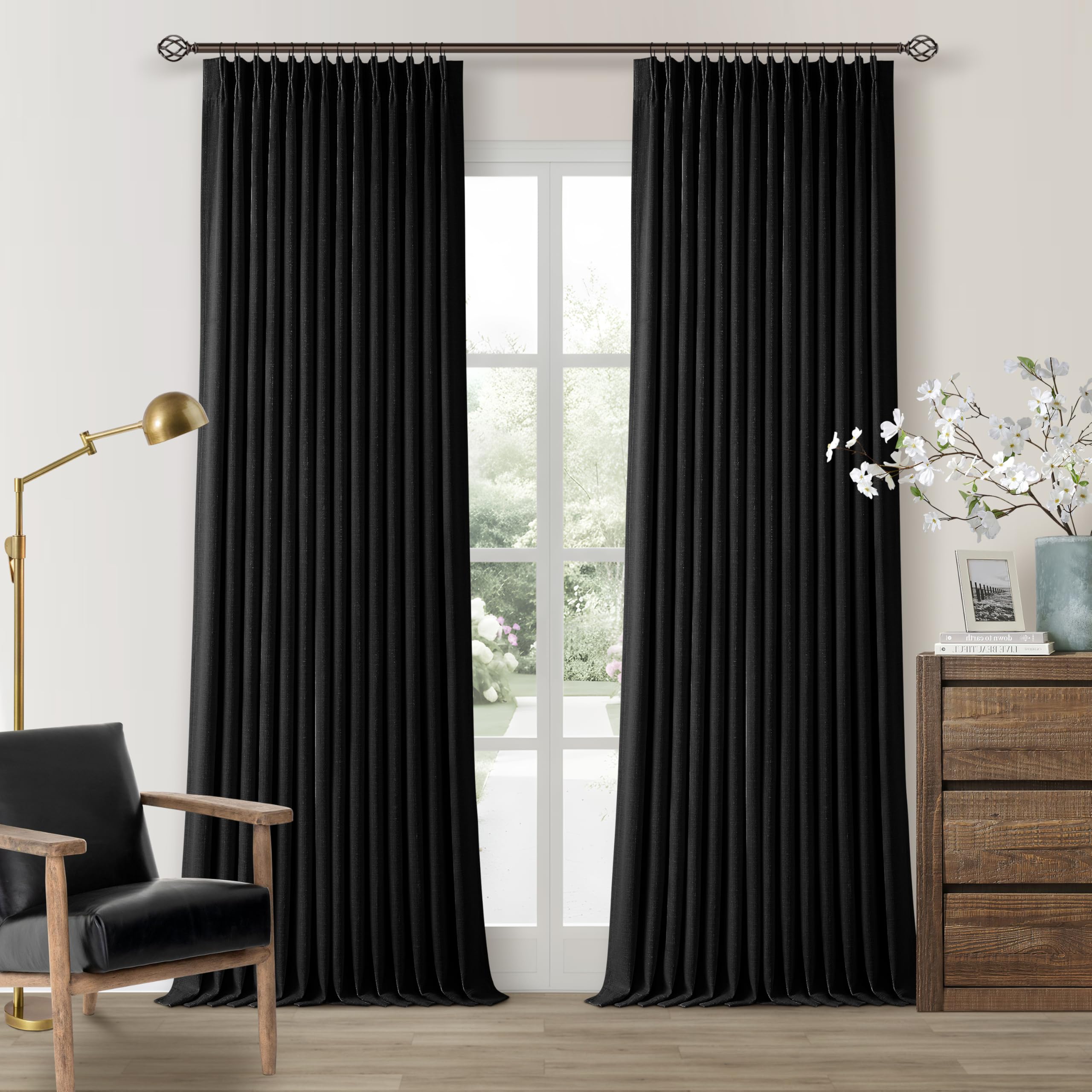 Photo 1 of 100 Inch Floor Length Linen Blackout Curtains for Bedroom Pinch Pleated Full Black Out Thermal Insulated Window Drapes Light Blocking Double Layer Soundproof 100 Inch Black Curtain 2 Panels Set