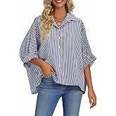 Vrtige Women's Casual Stripe Button Down Collar V Neck Half Sleeve Loose Blouse Shirt Top