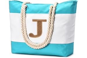 Becokan Initial Beach Bag Waterproof Canvas Beach Tote Bag Zipper Personalized Gifts for Women Her Birthday Travel Essentials