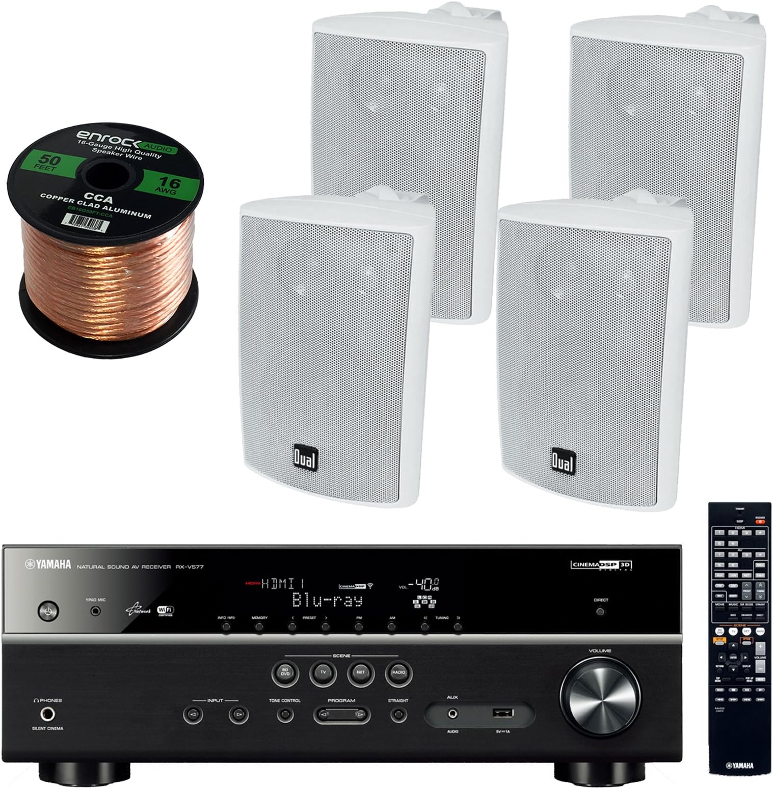 Yamaha RX-V577 - 7.2-Channel Home Theater Bluetooth USB Wifi & Apple AirPlay Receiver Bundle Combo With 4x Dual LU43PW Indoor/Outdoor 100W 3-Way 4" White Box Speakers + Enrock 50 Feet 16g Speaker Wire