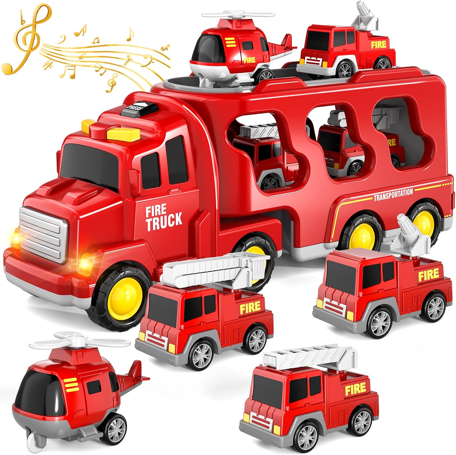 Toddler Trucks Toys for Boys Age 1-3 3-5, 5 in 1 Fire Car Truck for Toddlers Boys Girls 1 2 3 4 5 6 Years Old, Toddler Boy Toys Christmas Birthday Gift Car Sets with Light Sound
