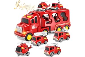 IHAHA Fire Truck Toys for 3 4 5 6 Years Old Boys Toddlers, 5 in 1 Kids Carrier Fire Trucks Cars for Toddler Boy Toys Birthday, Car Trucks Friction Power Toys with Light Sound