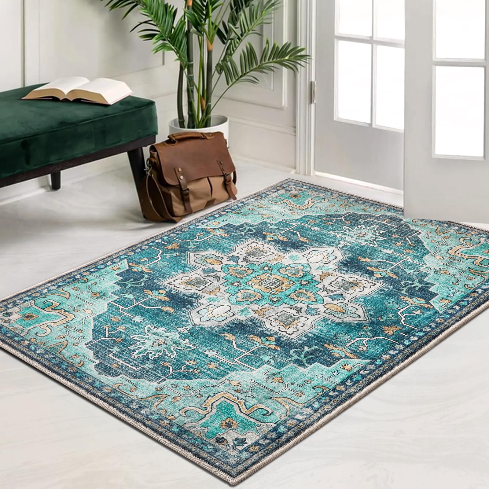 Photo 1 of Puremy Area Rug 3x5, Boho Vintage Rug Non Slip Low Pile Rugs, Machine Washable Floral Print Small Carpet for Bedroom Living Room Entryway Kitchen Home Decor, Teal
