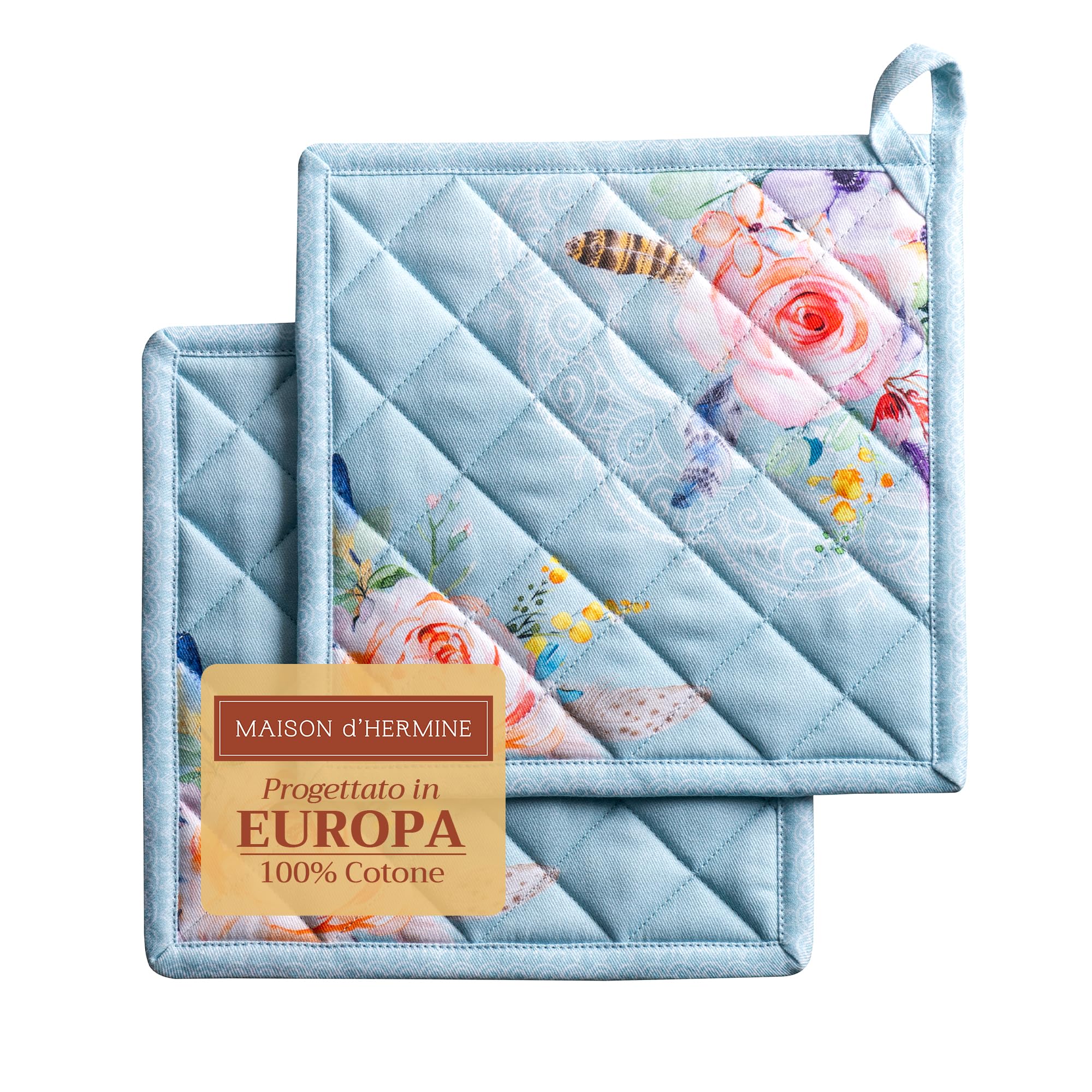 Maison d' Hermine Ibiza Set of 2 Pot Holders 100% Cotton for Barbecue, Baking, Oven, Microwave, Grilling, Spring/Summer, Easter (20 cm x 20 cm)