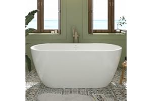 FerdY 59" Bali Elite Acrylic Freestanding Bathtub, Gracefully Shaped Freestanding Soaking Bathtub, cUPC Certified, Toe-Tap Brushed Nickel Drain and Minimalist Linear Design Overflow Included
