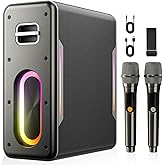 Karaoke Machine for Adults & Kids, Bluetooth Speaker Portable with 2 Wireless Microphones, Bass/Treble Adjustment, Remote and LED Light, PA System Support AUX/USB/TF for Home Party
