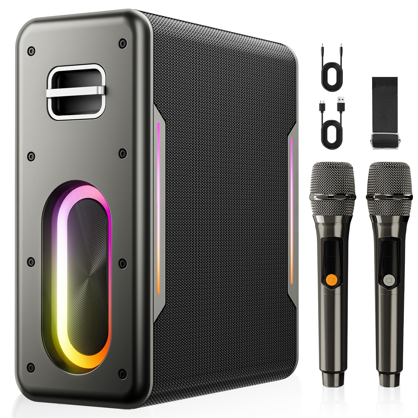 thumbnail image 2 of Karaoke Machine Portable Bluetooth Speaker – 2 Wireless Mics, LED Disco Lights, Red/Black 2 of 5