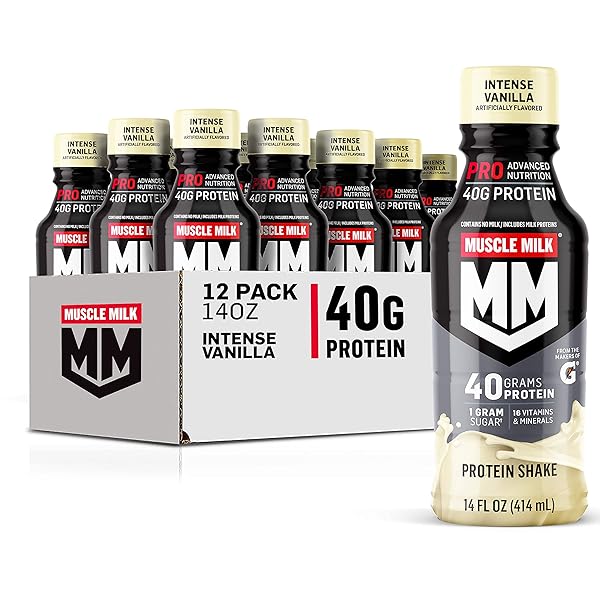 MUSCLE MILK PRO ADVANCED NUTRITION PROTEIN SHAKE, INTENSE VANILLA, 14 FL OZ BOTTLE, 12 PACK, 40G PROTEIN, 1G SUGAR, 16 VITAMINS & MINERALS, 6G FIBER, WORKOUT RECOVERY, PACKAGING MAY VARY